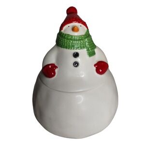Hallmark Snowman Cookie Jar Red Hat Green Scarf Ceramic‎ Christmas Kitchen Decor